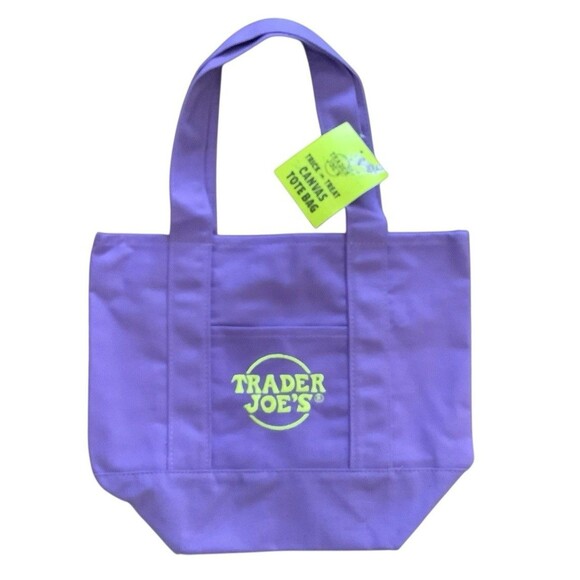 Trader Joe's Halloween Canvas Mini Tote Bag Purple With Green Stitching New - Picture 1 of 4